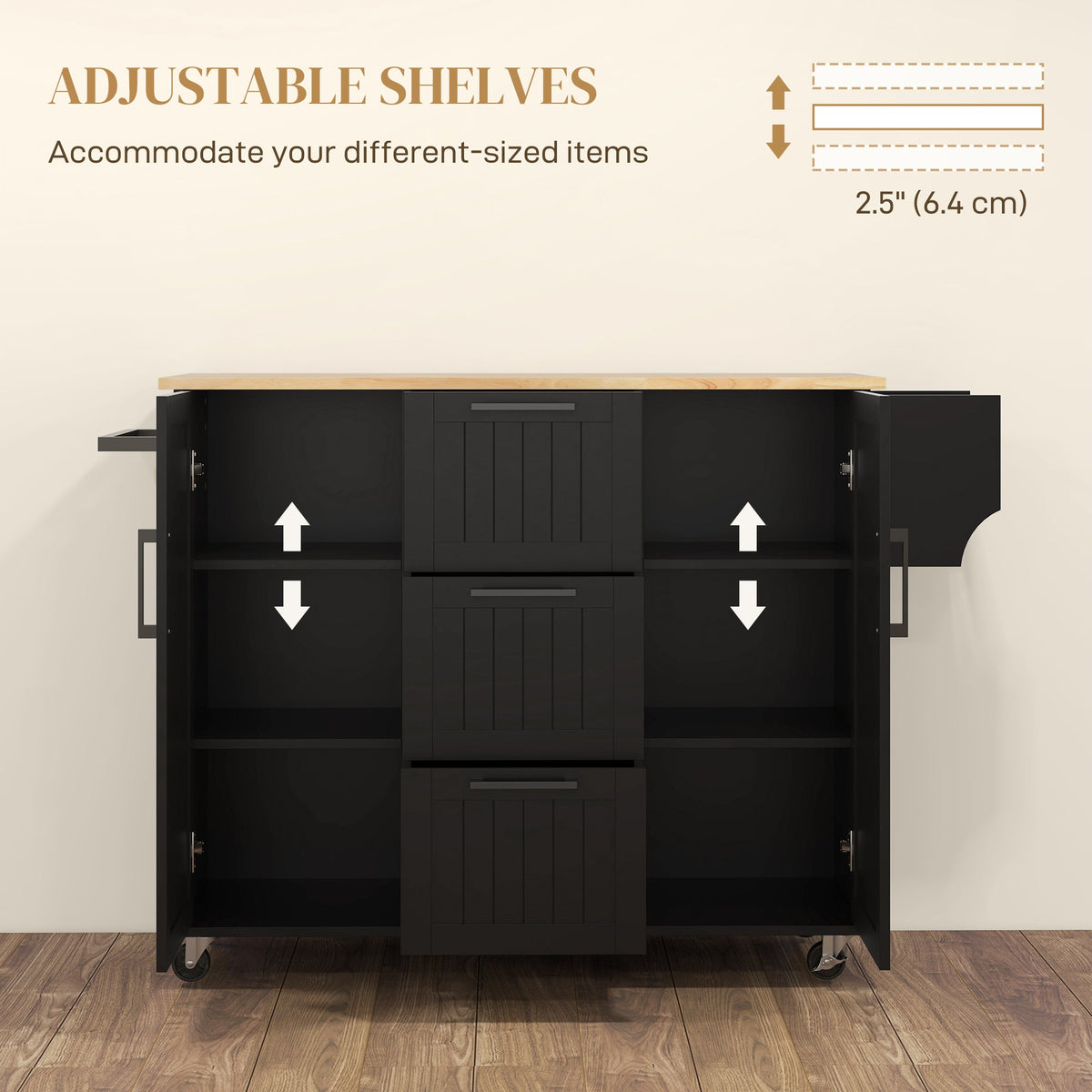 Rolling Kitchen Cart on Wheels with Drop Leaf, Kitchen Island with 3 Drawers, Solid Wood Top and Towel Rack, White