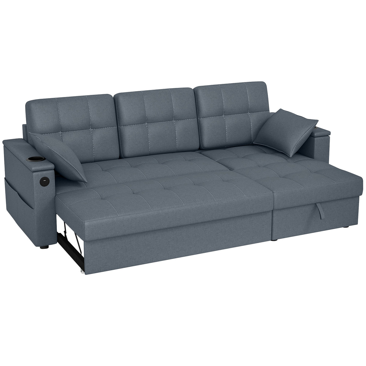 Convertible Sectional Sofa Bed, Pull Out Sleeper Sofa Couch with USB‑A+C, Chaise Storage, L-Shaped Futon Couch, Beige