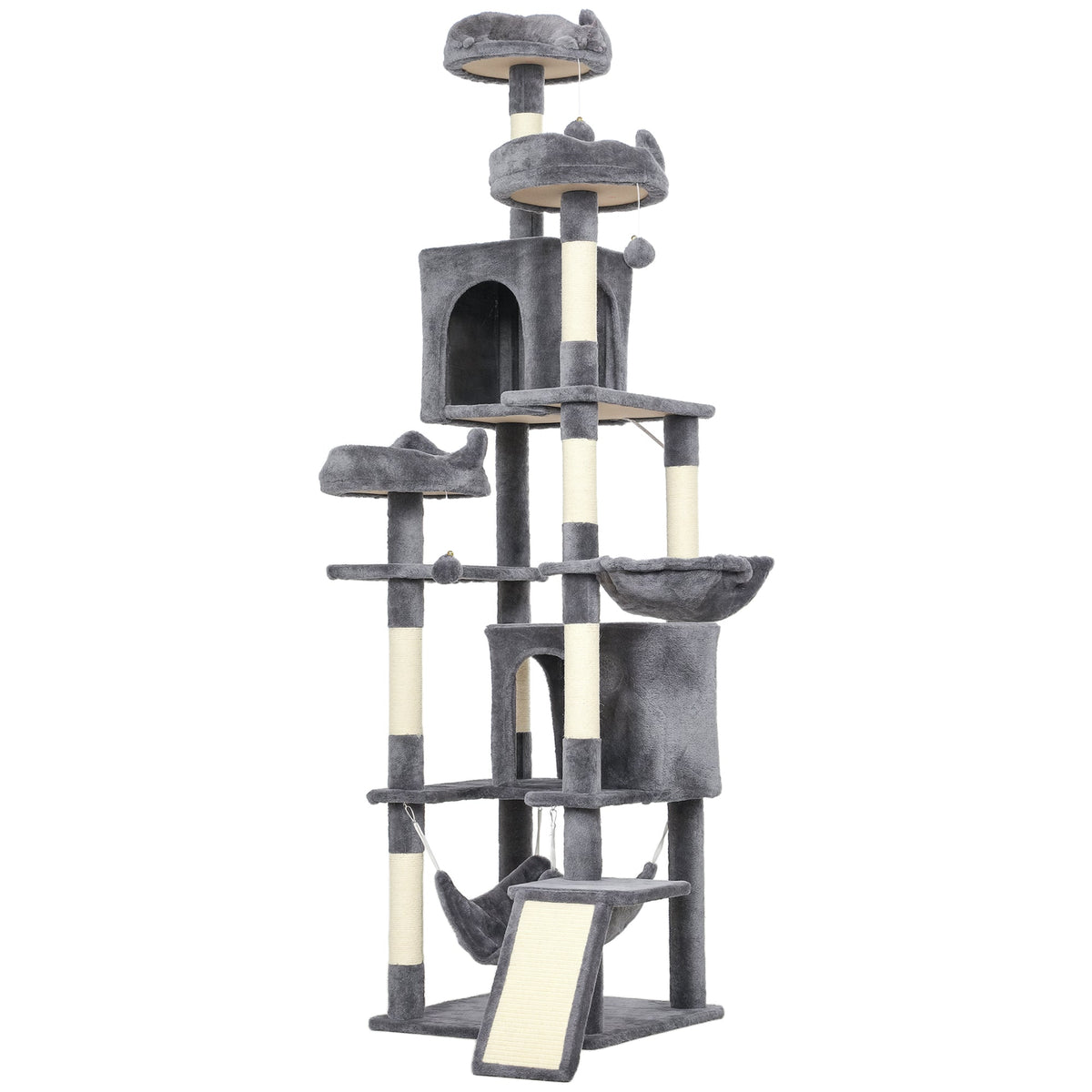 76" Large Cat Tree for Indoor Cats with 8 Scratching Posts, 3 Plush Beds, 2 Hammocks, 2 Large Condos, Ramp, Dark Grey