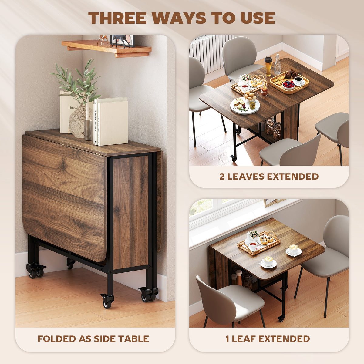 Folding Dining Table, Extendable Kitchen Table for Small Spaces with Storage Shelf and 6 Wheels, Distressed Grey