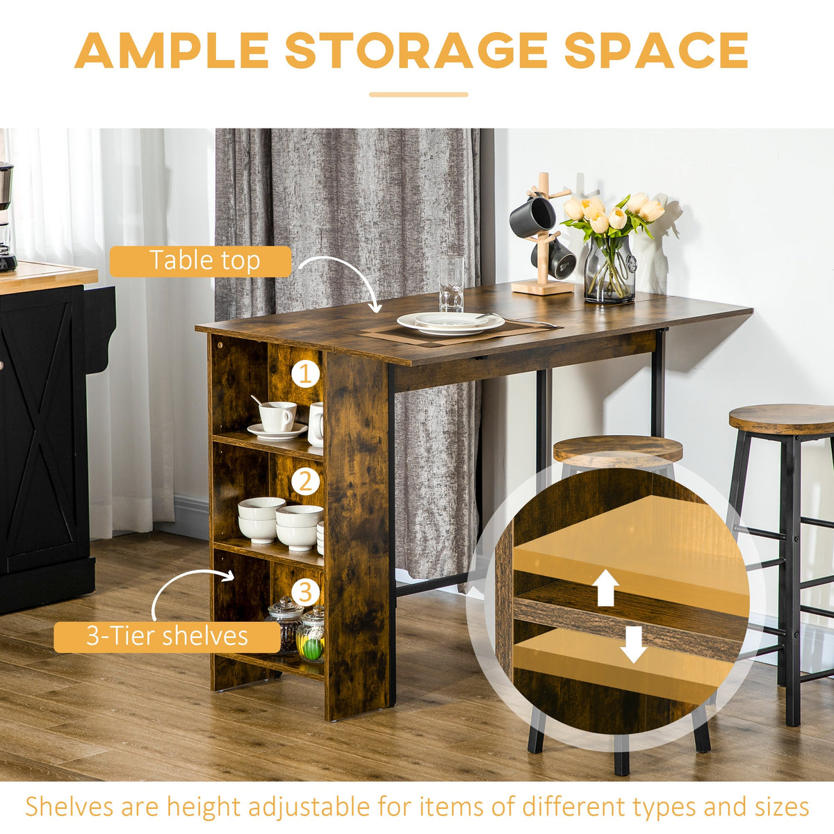 Counter Height Table with Drop Leaf, Extendable Bar Table with Adjustable Storage Shelf, Light Grey