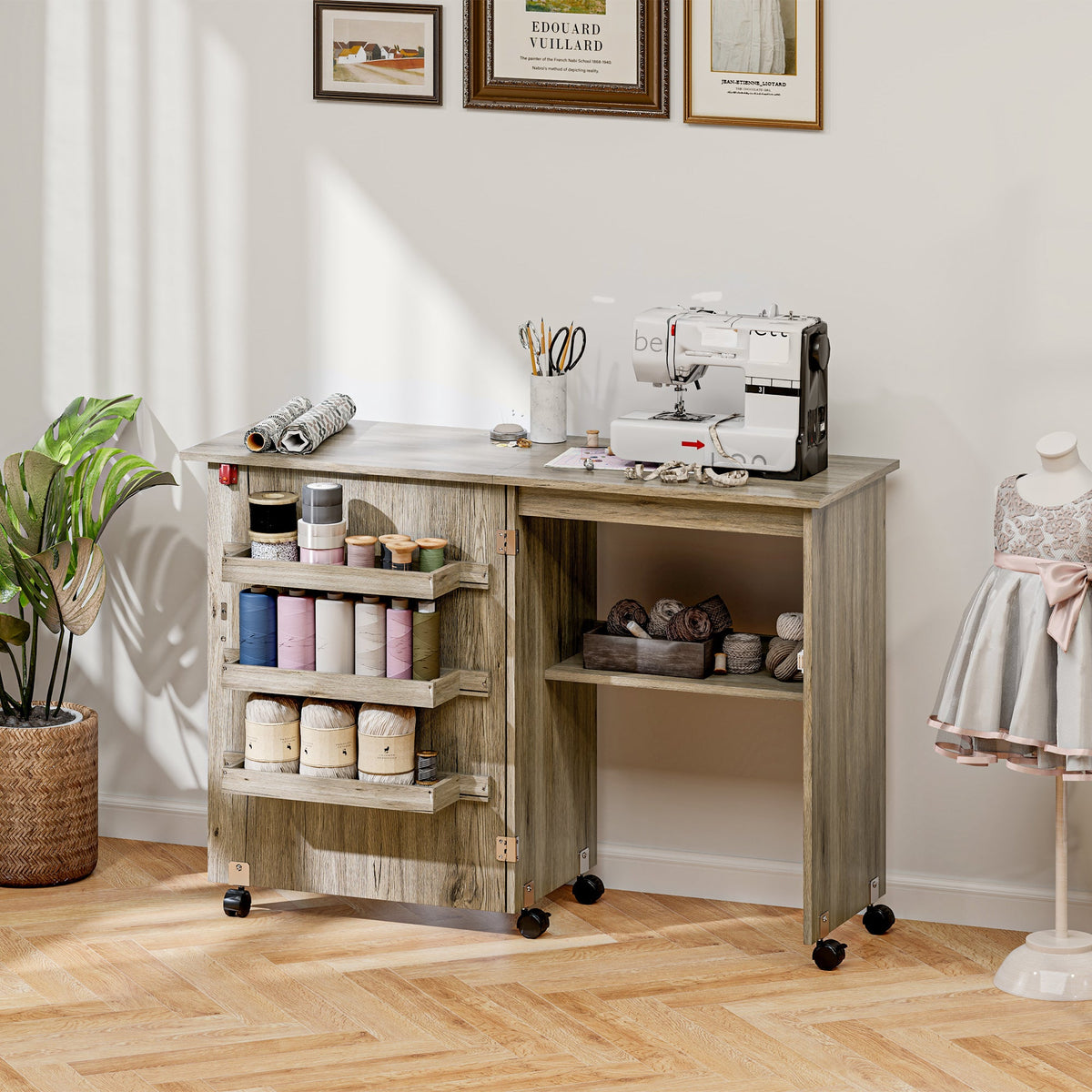 Sewing Machine Cabinet, Folding Sewing Table with Storage Shelf, Bins and Lockable Wheels for Small Space, Brown