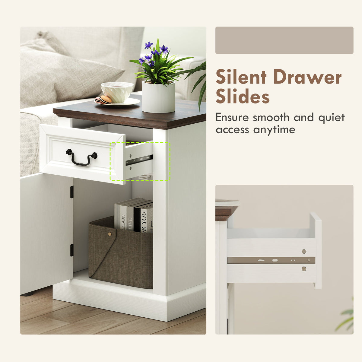 Side Table Set of 2, End Tables with Drawer and Cabinet, Nightstands for Small Spaces, Living Room, Black