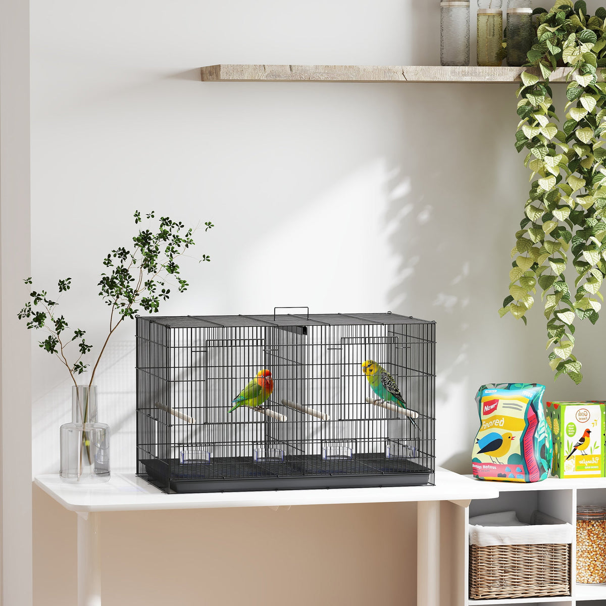 18" H Bird Cage, Large Parakeet Cage for Budgie, Lovebird, Canary, Finches with Divider, Black