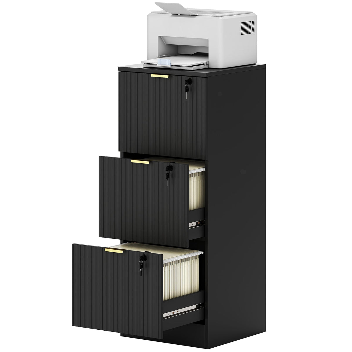 Lockable Filing Cabinet with 2 Fluted Drawers, File Cabinet with Adjustable Hanging Rails for A4 Letter Files, Black