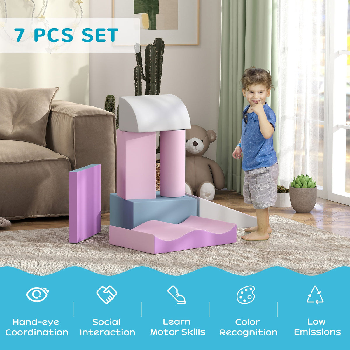 7 Pieces Soft Play Foam Climbing Blocks, Indoor Modular Kids Play Toys for Climbing, Crawling, Sliding, Light Colour