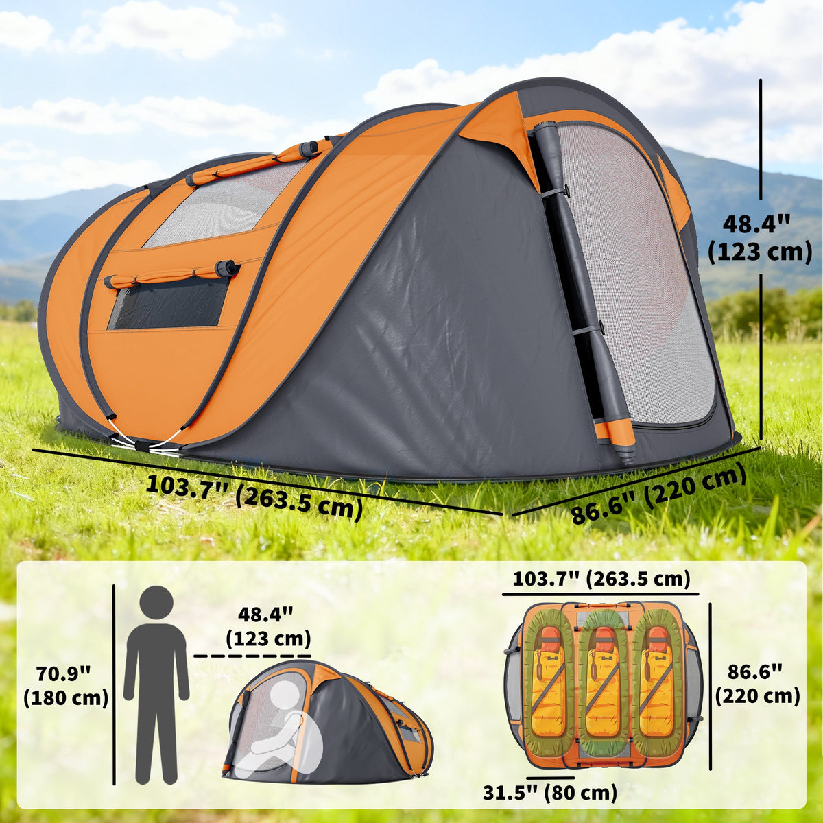 4 Person Camping Tent, Easy Pop Up Tent with Doors, Windows and Carry Bag, Automatic Setup Tent for Hiking, Blue