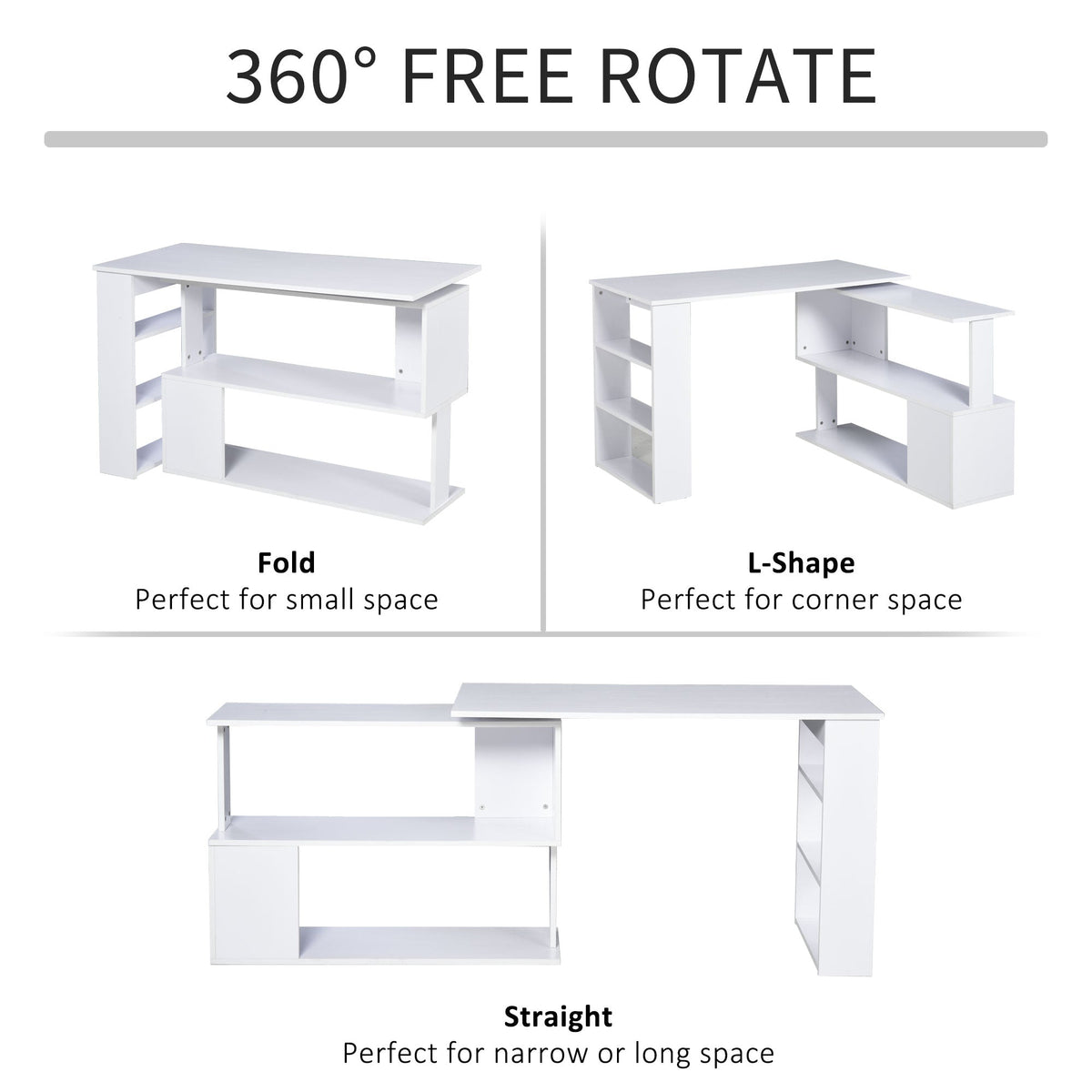 L Shaped Desk, 360° Rotating Corner Desk, Computer Writing Table Workstation with Storage Shelf for Home Office, Black