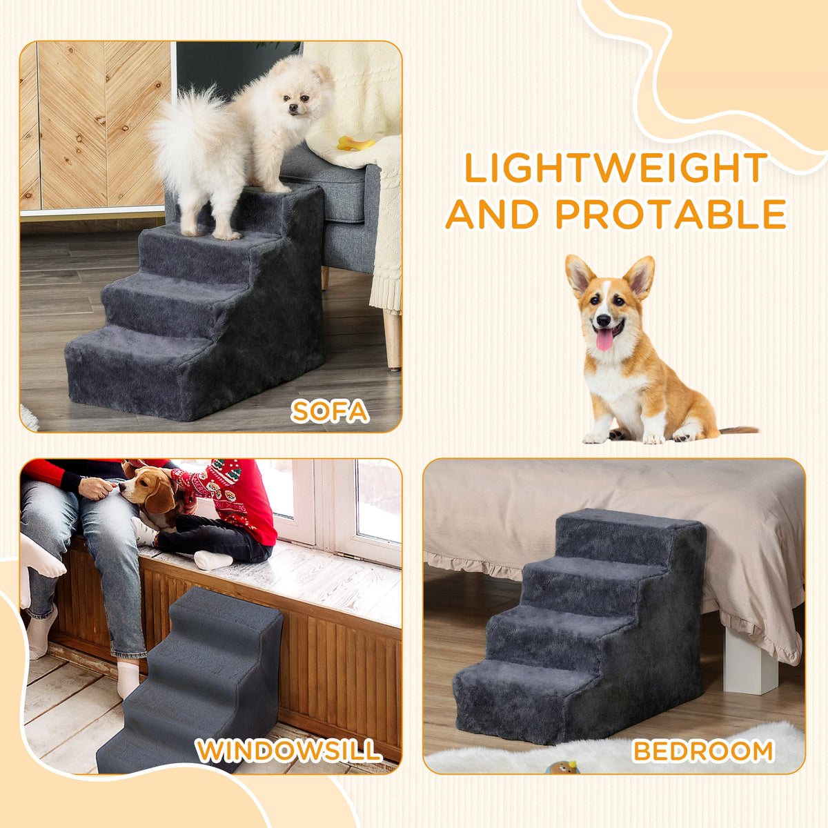 4-Step Dog Ramp for Sofa, Bed, and Couch, with Removable Cover, Light Grey