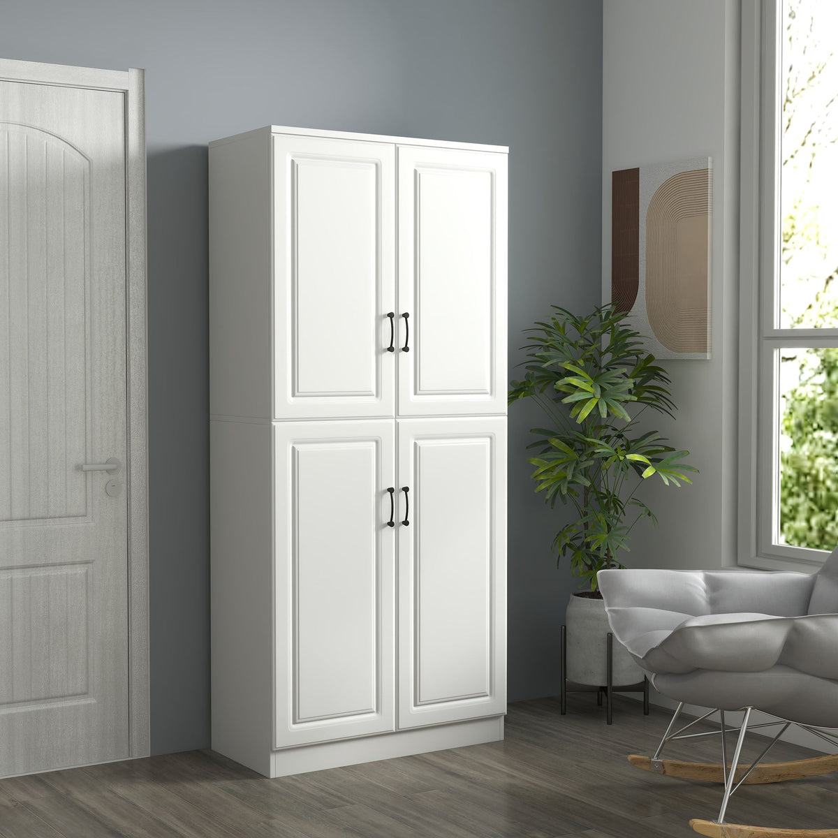 71" Freestanding Kitchen Pantry Cabinet, Storage Cabinet with 4 Hinged Doors and Adjustable Shelves, Black