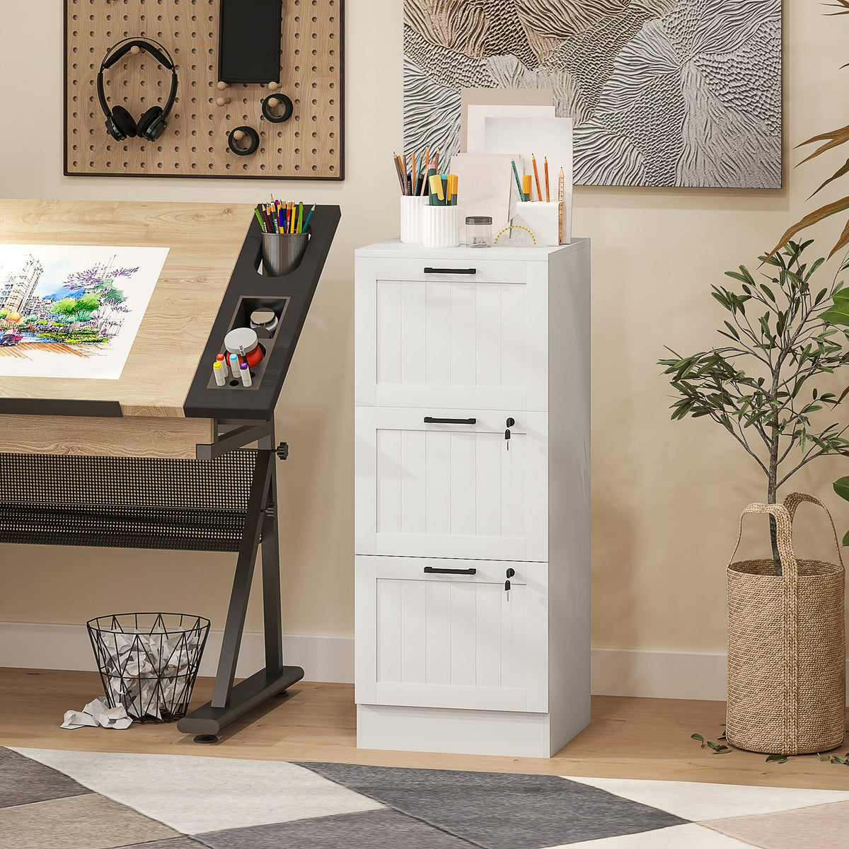 2 Drawer Filing Cabinet with Lock, Office Storage Cabinet with Adjustable Hanging Bars for A4 Letter Size Files, Black