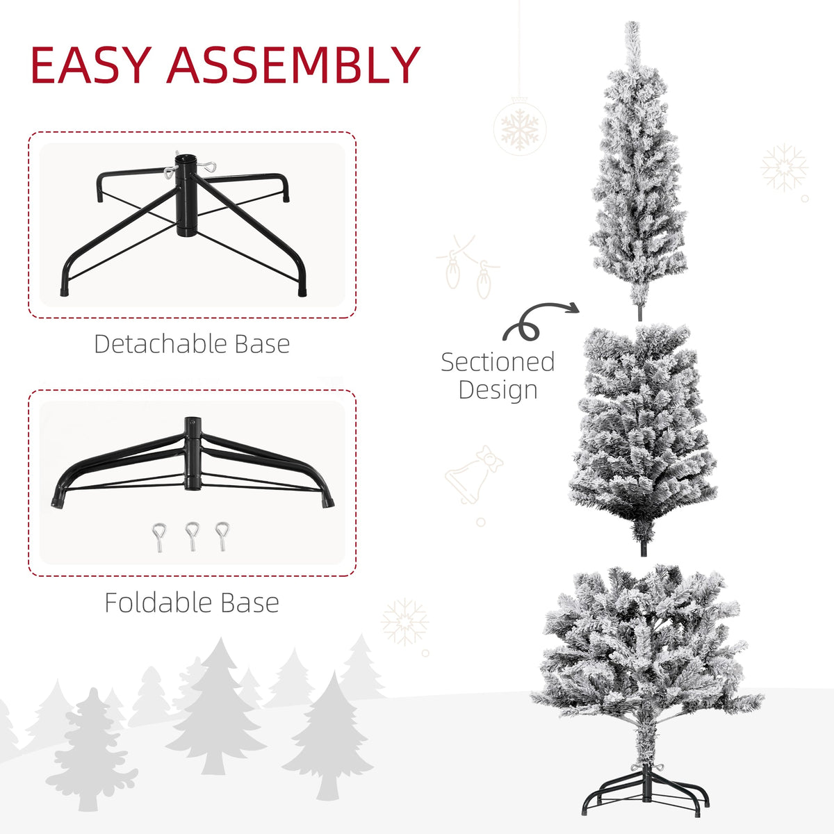 6ft Flocked Christmas Tree, Pencil Christmas Tree with Realistic Branch Tips, Folding Metal Stand, Green
