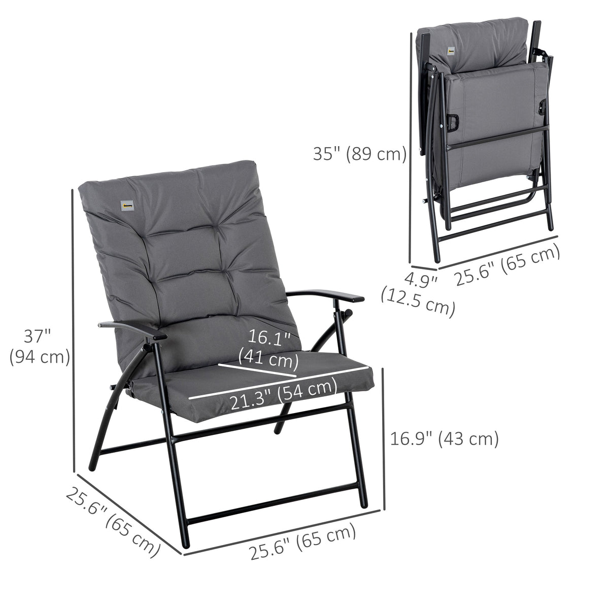 Foldable Lounge Chair, Fabric Upholstered Recliner, Outdoor Lounger with Armrest, Metal Frame for Backyard, Black