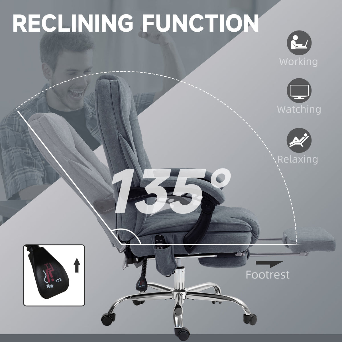 Massage Office Chair, Reclining Computer Chair with Adjustable Height and Footrest, Dark Grey