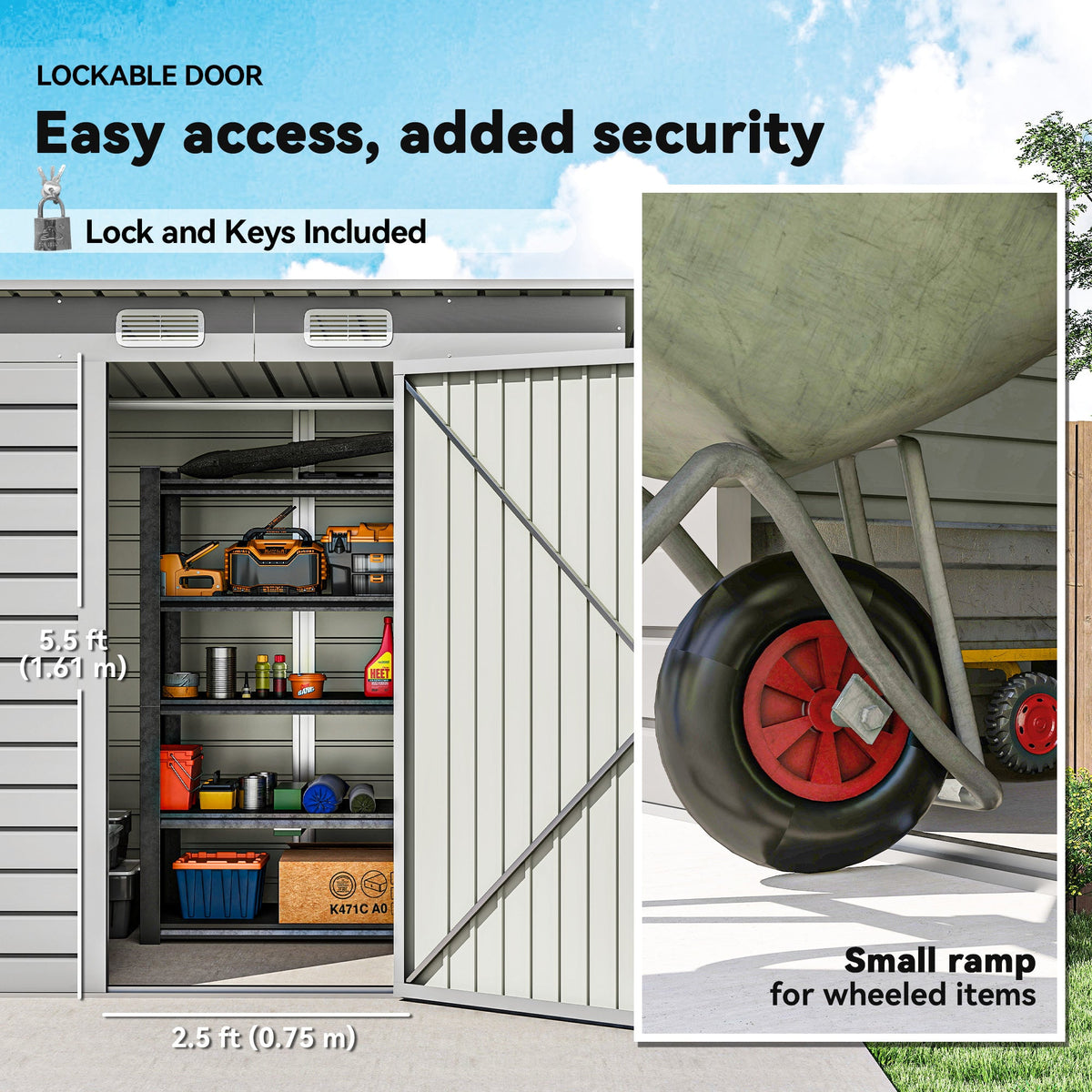 6 x 4FT Galvanized Garden Storage Shed, Metal Outdoor Shed with Double Doors and 2 Vents, Grey