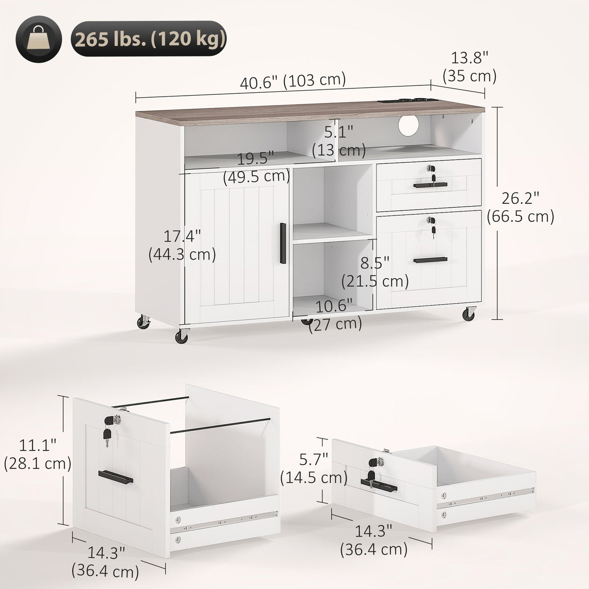 Mobile Printer Stand with Charging Station and USB Ports, Locking Filing Cabinet for A4 and Letter Size, White