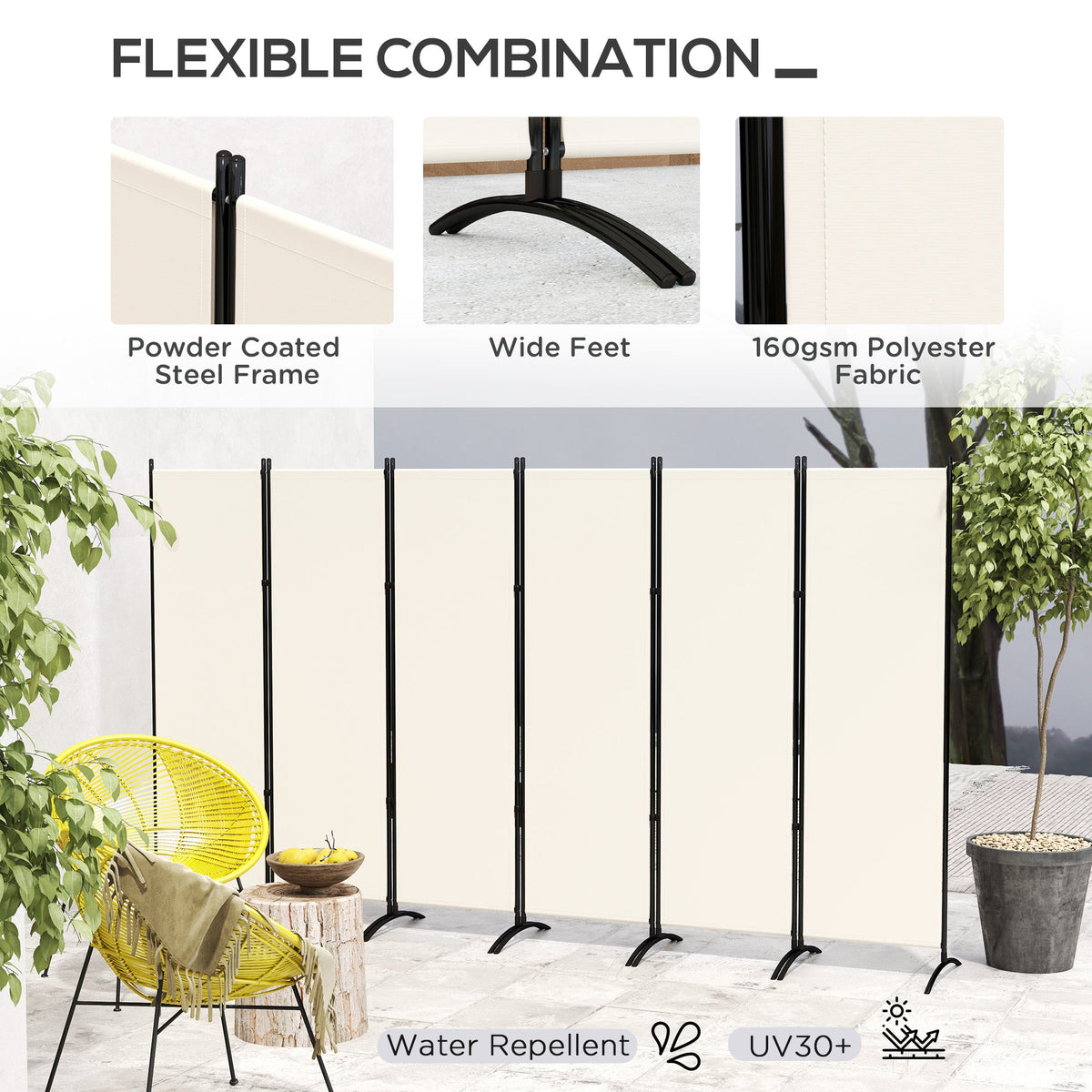 6 Panel Folding Room Divider, UV30+ Privacy Screen, Indoor Outdoor Privacy Panel with Stable Base, Beige