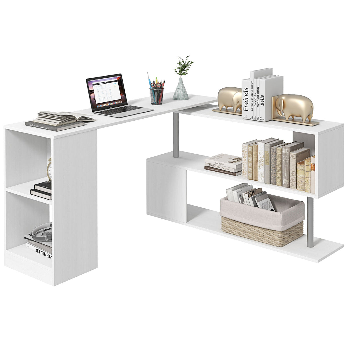 55" Corner Computer Desk, 360° Rotating L-Shaped Desk, Home Office Workstation with 3-Tier Shelves, Bookshelf, Black