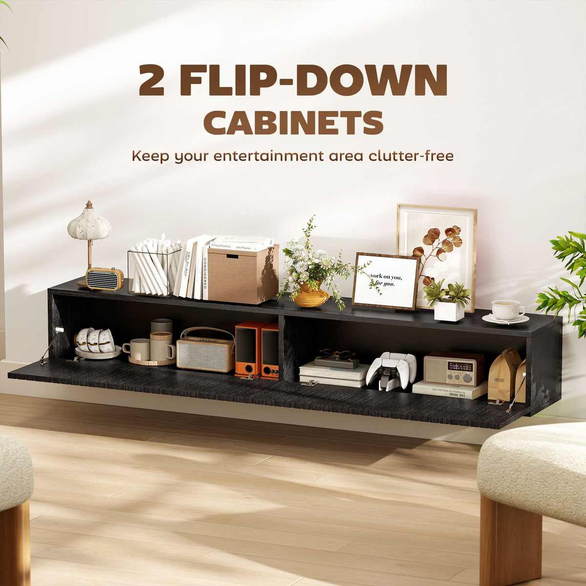 71" Floating TV Stand for TVs up to 72 Inch, Wall Mount Media Console with 2 Fluted Flip-Down Doors, Cable Hole, Black