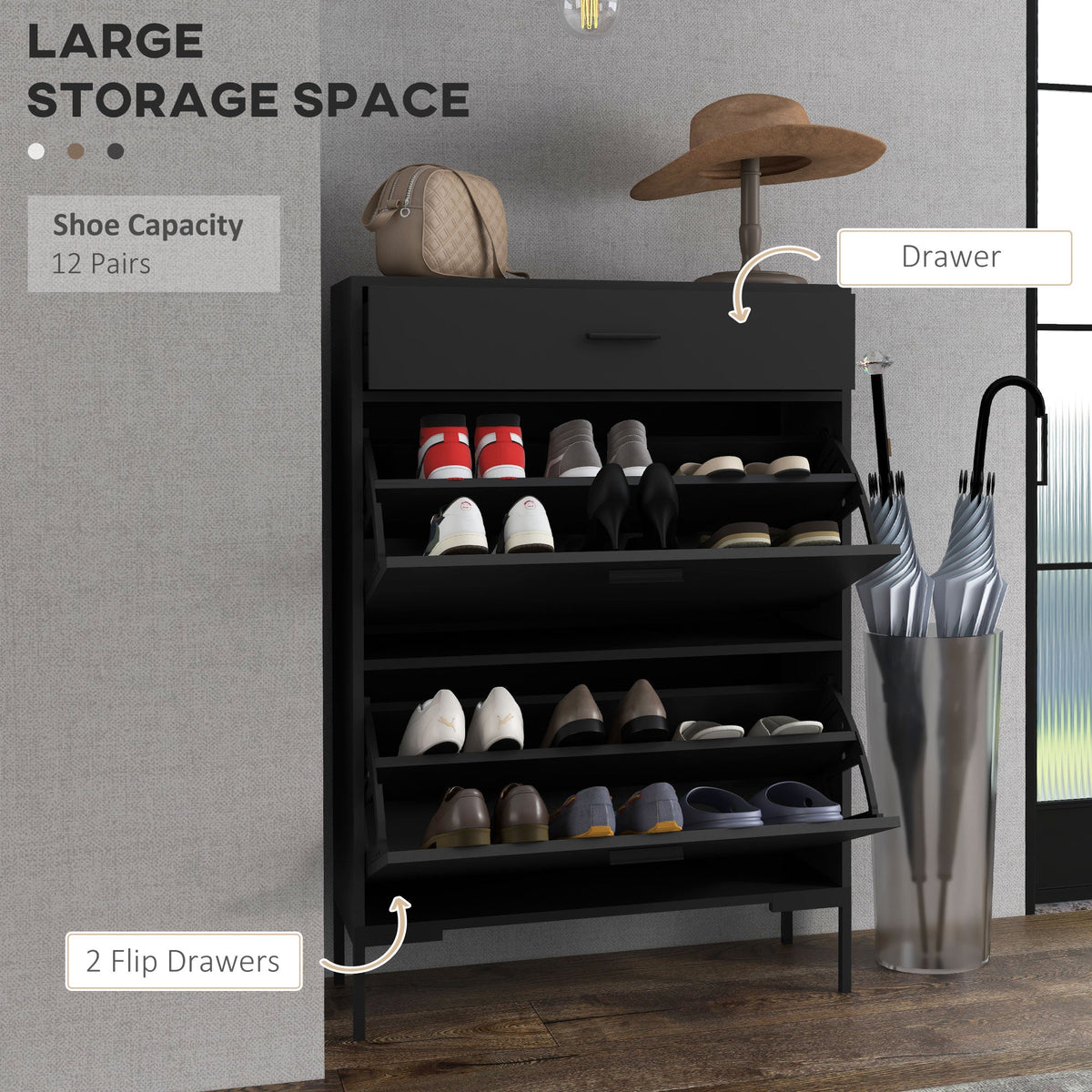 Modern Shoe Cabinet Storage 12 Pair Shoe Organizer with 2 Flip Doors Drawer and Adjustable Shelf White