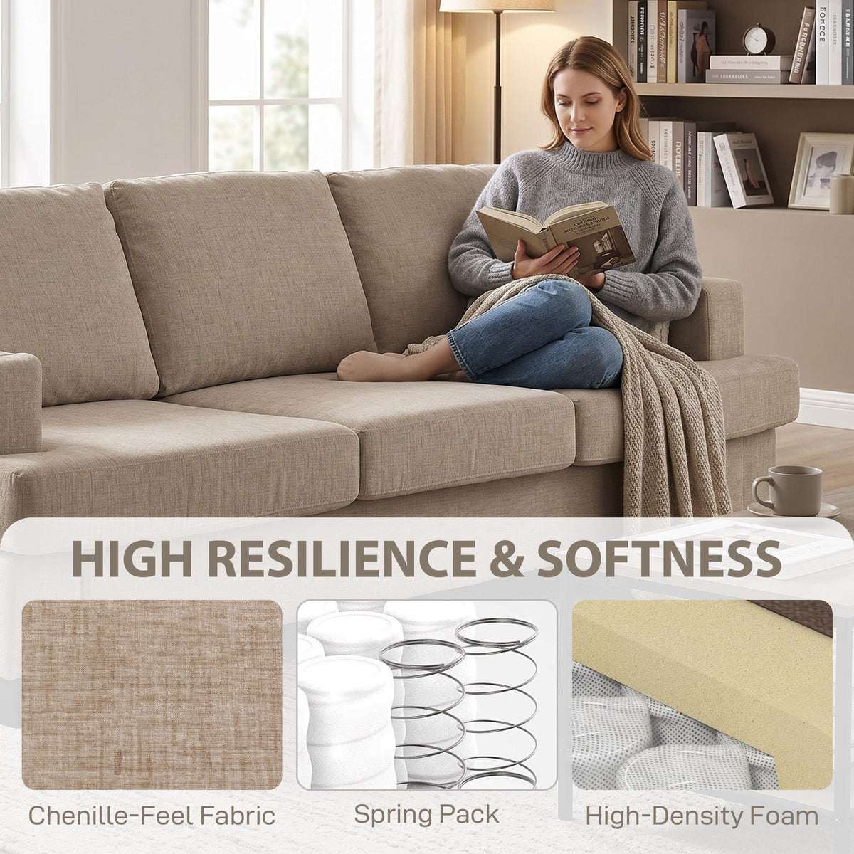 3 Seater Sofa with USB Ports & Cup Holders, Chenille-Feel Upholstered Couch for Living Room, Grey