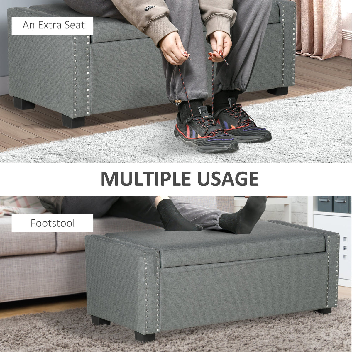 Upholstered Flip Top Storage Bench Fabric Ottoman for Bedroom, Living room, Dark Grey
