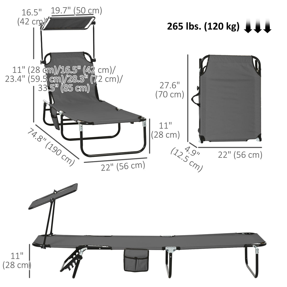 2 Piece Folding Outdoor Chaise Lounges, Pool Tanning Chairs with Reclining Back, Sunshade for Beach, Patio, Dark Grey