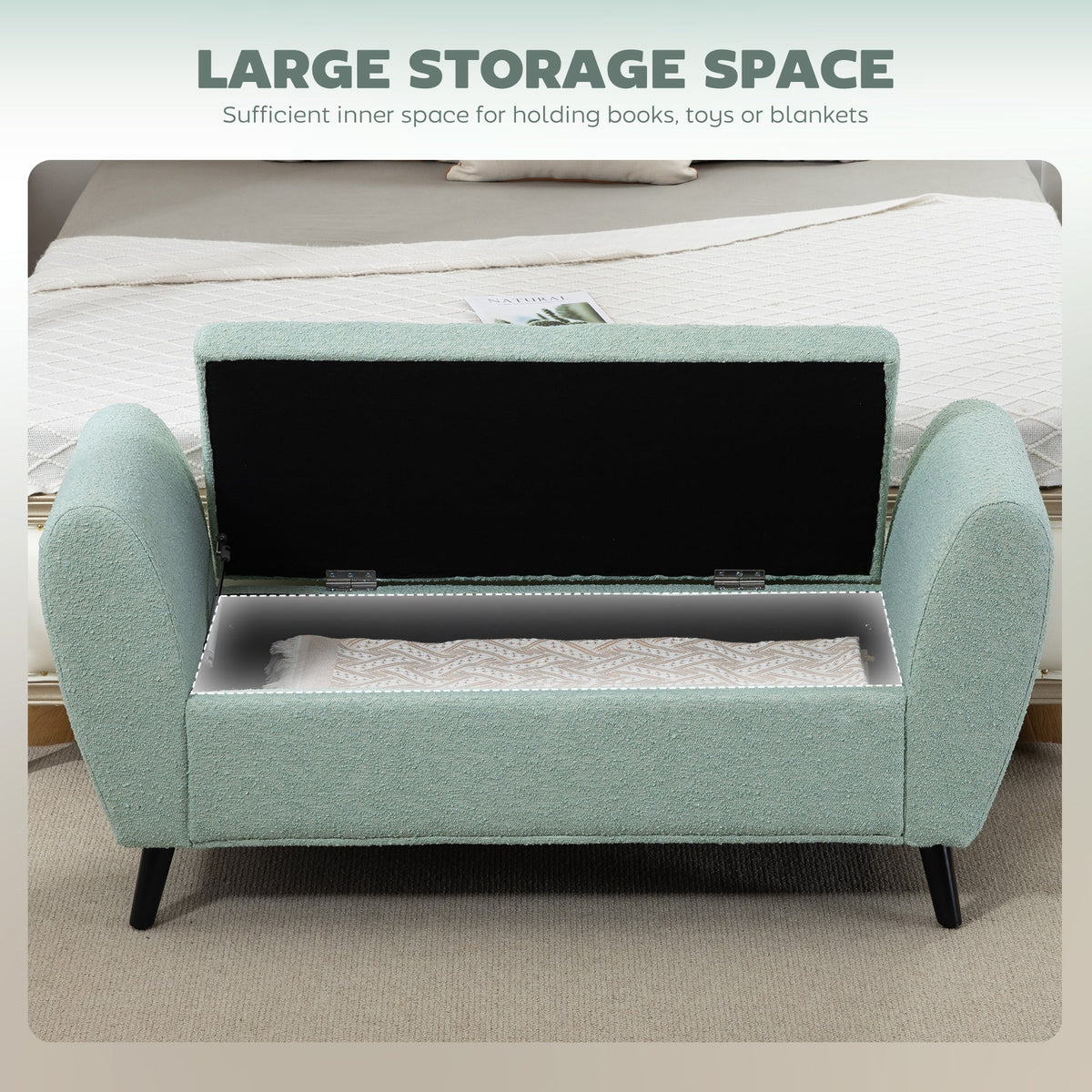 Upholstered Storage Bench with Arms, Modern Ottoman Bench for Bedroom, Entryway, and Living Room, Black