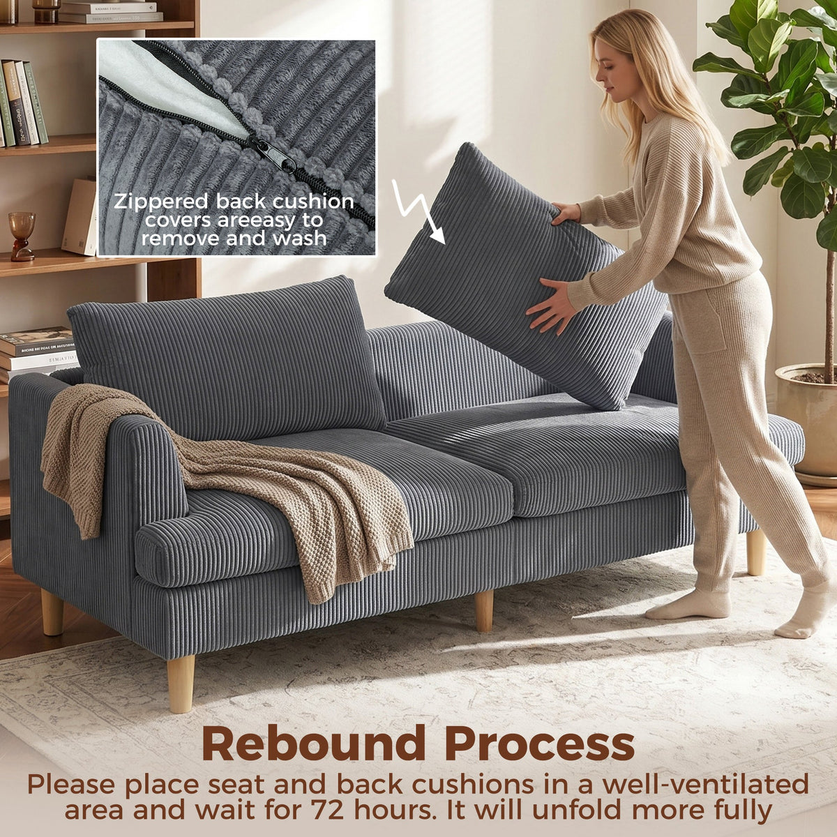 3 Seater Sofa, 74" Modern Corduroy Upholstered Couch with Thick Spring Cushions, Solid Wood Legs, Armrests, Beige