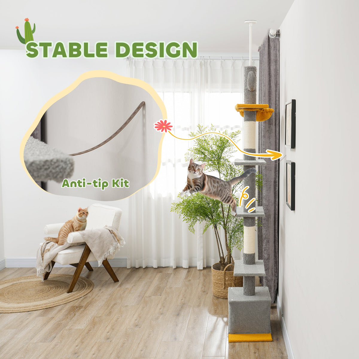 Floor to Ceiling Cat TreeTower with 90.5"-108" Adjustable Height, Scratching Posts, Hammock, Condo, Toy Ball, Dark Grey