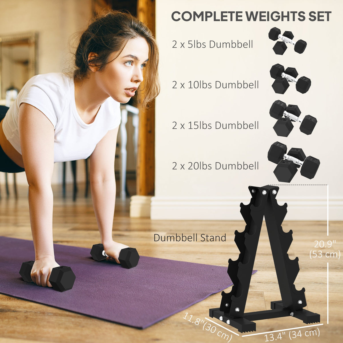 100 LBS Hex Dumbbell Set with Rack, Rubber Coated Weights with Non-Slip Handles for Home Gym Strength Training