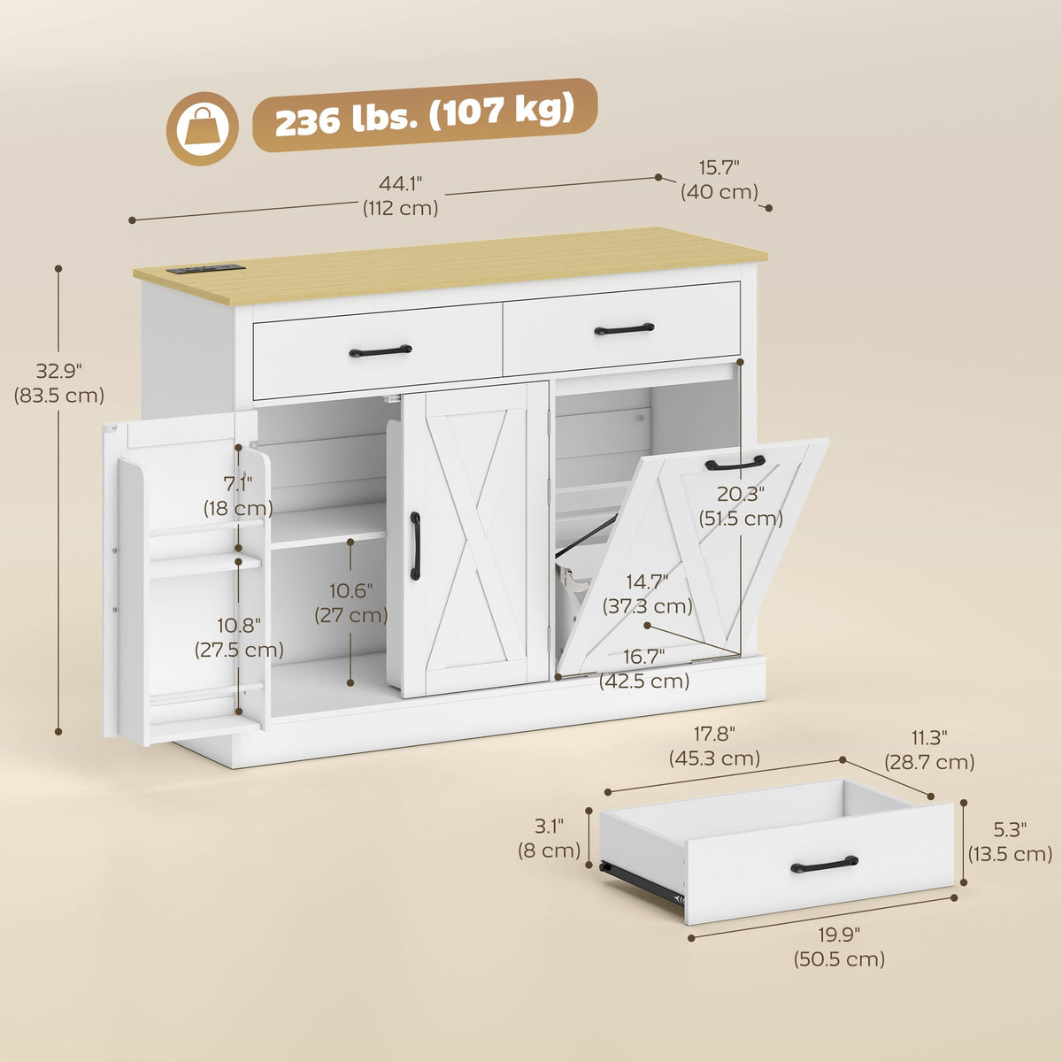 7 Gallon Tilt Out Garbage Cabinet, Kitchen Island with Charging Station, 2 Drawers, 4 Door Racks, Black