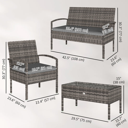 4 Pieces Patio Furniture Set with A Loveseat, Two Armchairs and A Coffee Table, Outdoor Conversation Set, Dark Grey