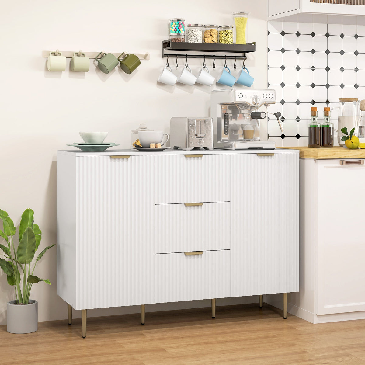 Modern Kitchen Storage Cabinet, Sideboard Buffet Cabinet w/ 3 Drawers and Adjustable Shelves for Kitchen Hallway, Black