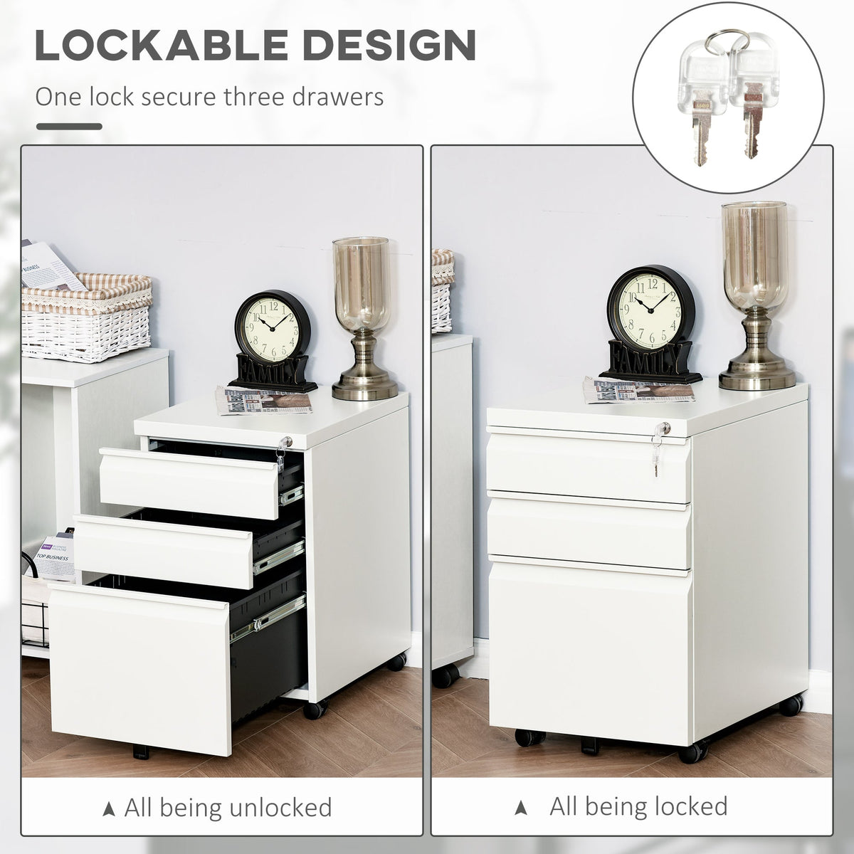 3 Drawer Filing Cabinet, Lockable Office Storage Cabinet on Wheels for Legal, Letter, A4 Files, Black