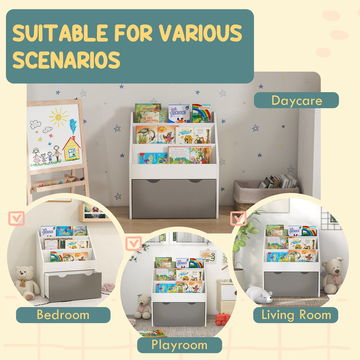 Kids Bookshelf with 3 Tier Display Shelves, Drawer for Nursery, Grey