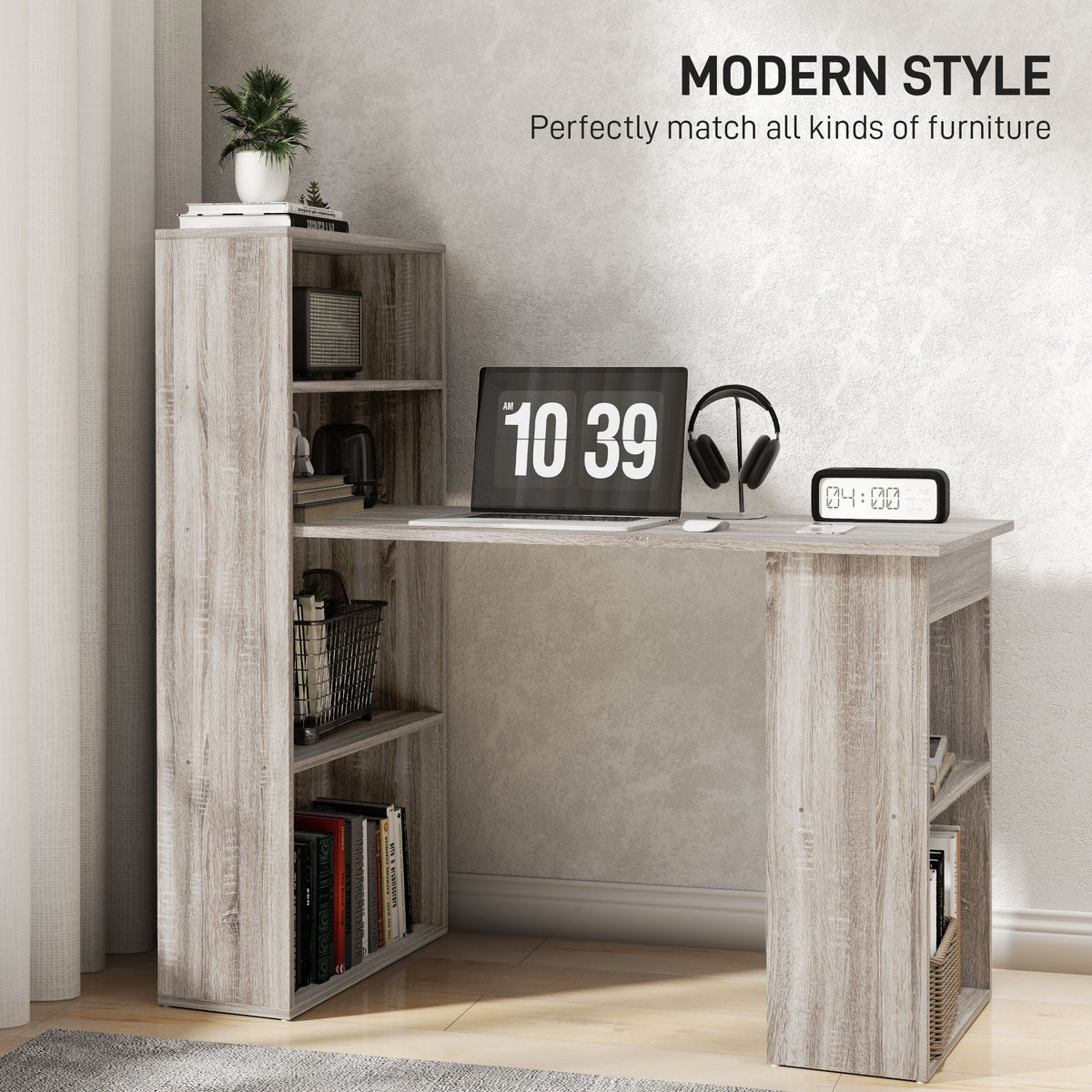 Modern Computer Desk with Storage Shelves, 47" Writing Table Workstation with Bookshelf for Home Office, Black