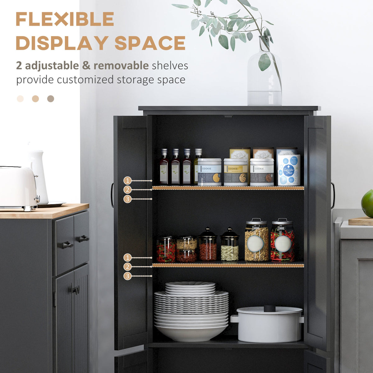 48" 4-Door Storage Cabinet Multi-Storey Large Space Pantry with Adjustable Shelves Black