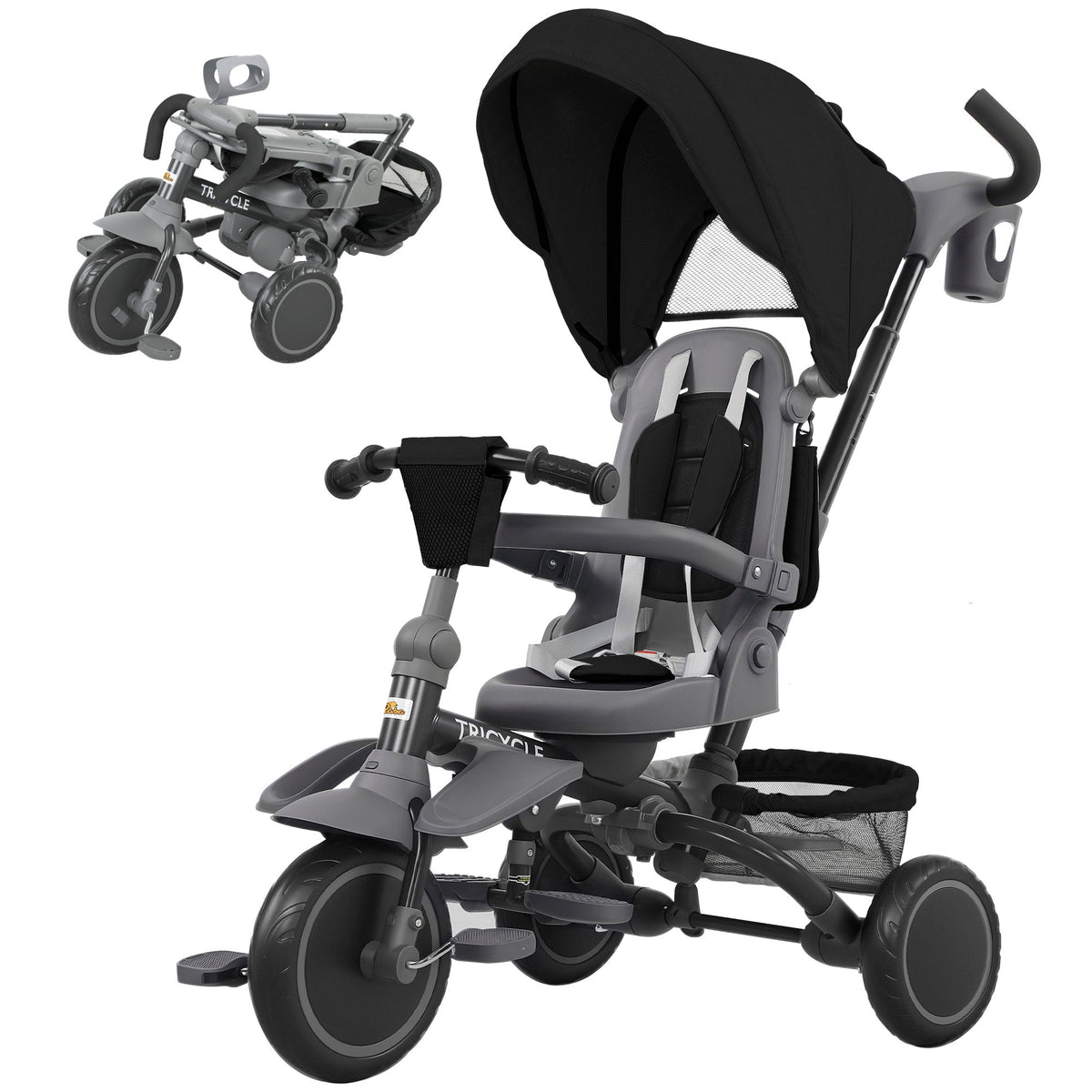 6 in 1 Toddler Tricycle for 1-5 Years Old with Push Handle, Removable Canopy, Rotatable Seat, Black