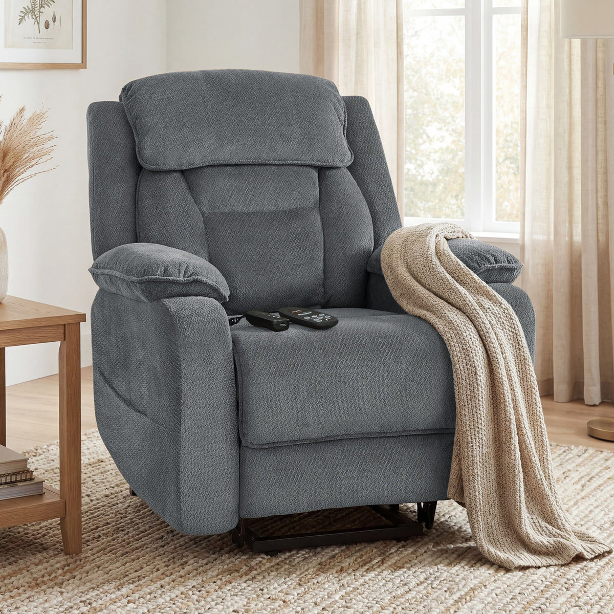 Power Recliner Chair with Massage, Electric Lift Chair for Elderly with Side Pockets, 2 Memory Positions, Remote, Brown