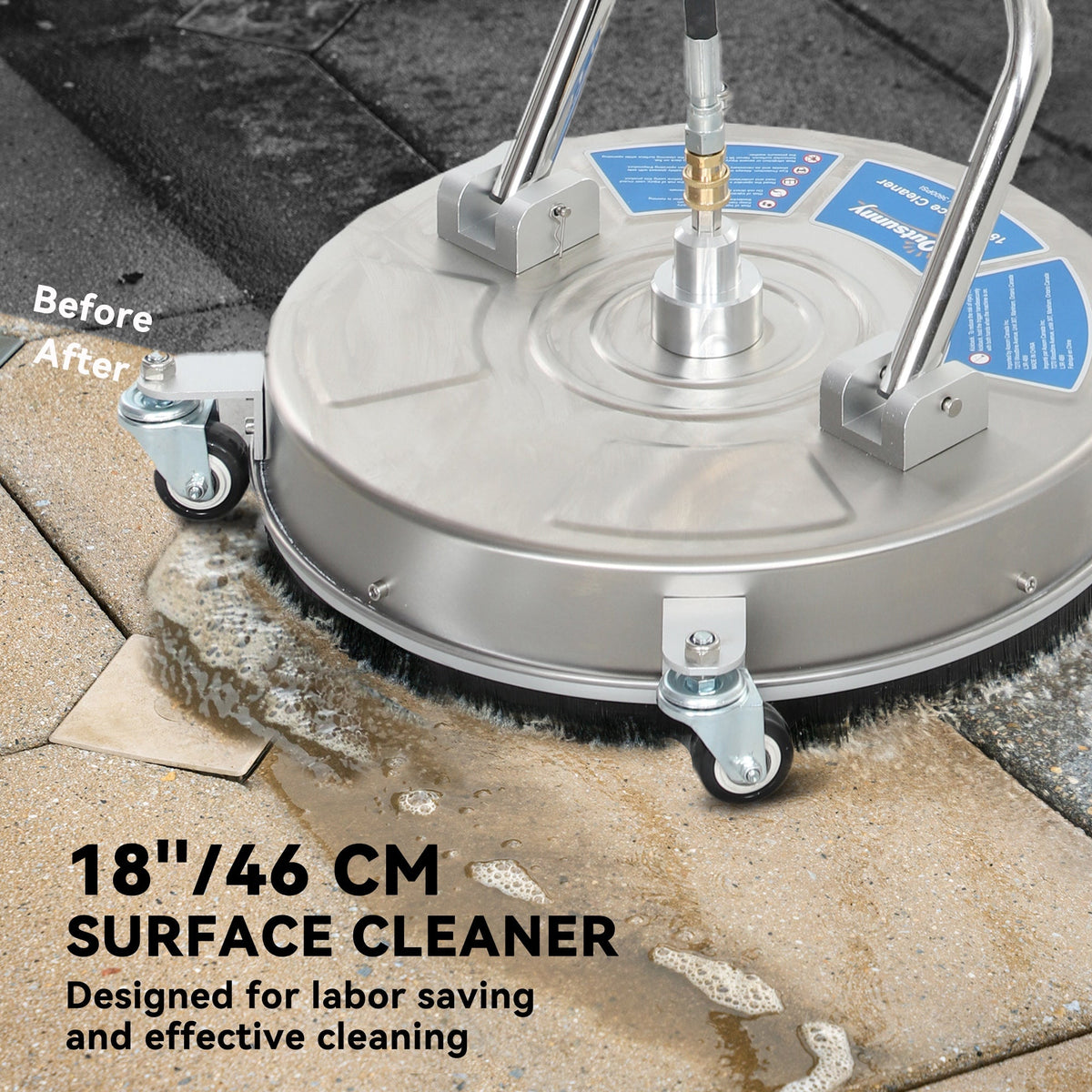 16" Pressure Washer Surface Cleaner with 4 Wheels, Stainless Steel Power Washer Surface Cleaner with 1/4" Quick Connector, 2 Extension Wands, 3600 PSI, Silver