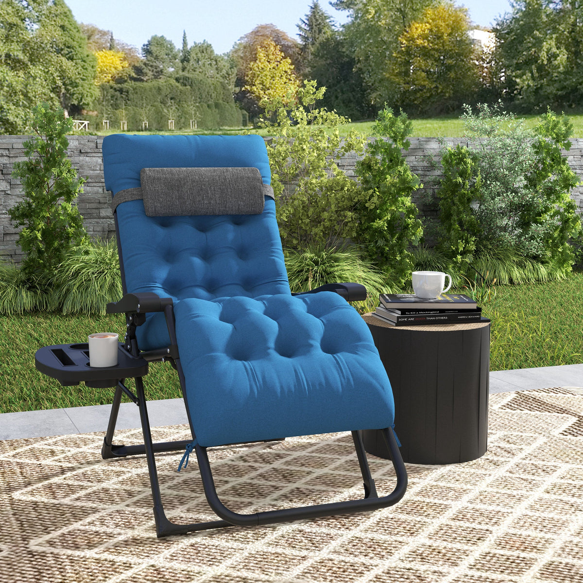 Padded Folding Recliner Chair, Patio Lounger with Cupholder, Adjustable Backrest, Removable Cushion, Black
