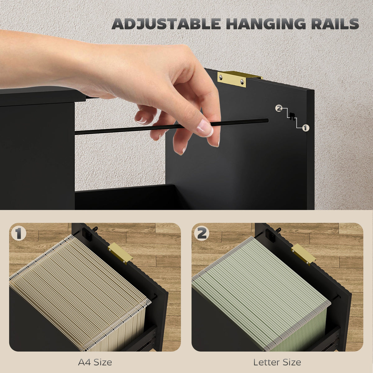 Lockable Filing Cabinet with 2 Fluted Drawers, File Cabinet with Adjustable Hanging Rails for A4 Letter Files, Black
