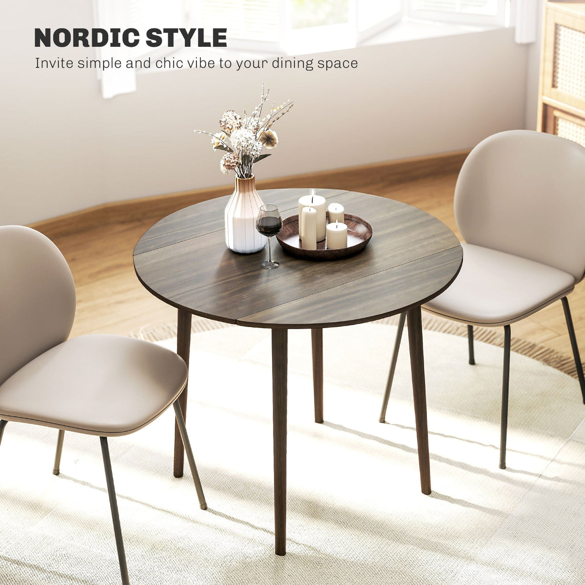 Folding Dining Table, Round Drop Leaf Kitchen Table for Small Spaces with Wood Legs, Oak