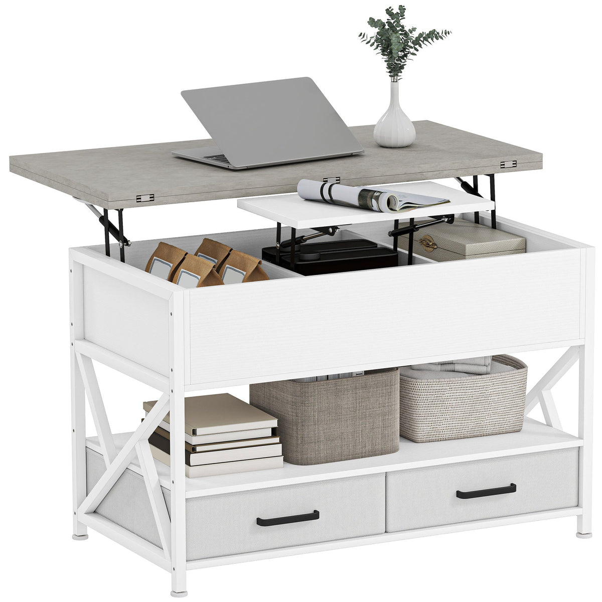 Modern Coffee Table, Lift Top Center Table with Fabric Drawers and Hidden Storage for Living Room, Distressed Black