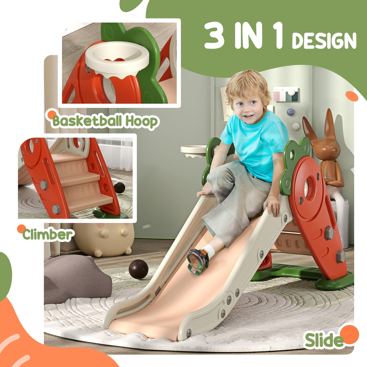 3 in 1 Foldable Toddler Slide with Basketball Hoop, Climber, for 1-3 Years Old, Orange