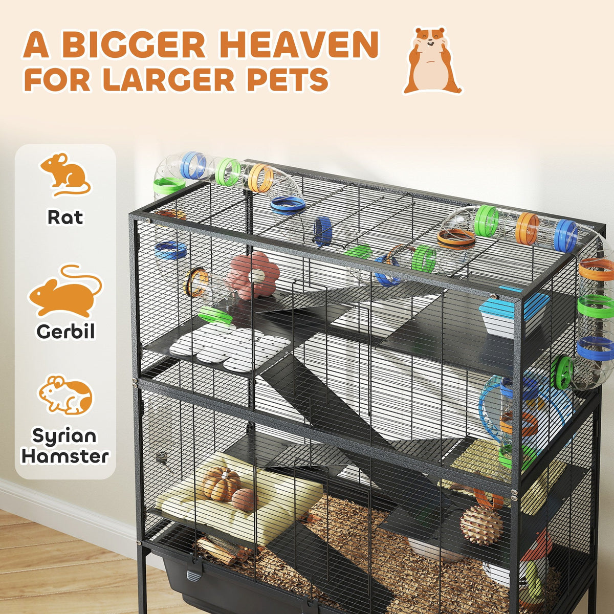 3 Tier Rolling Hamster Cage with 7" Deep Tray, Storage Shelf, Big Exercise Wheel, Tube System, for Syrian, Gerbil, Rat