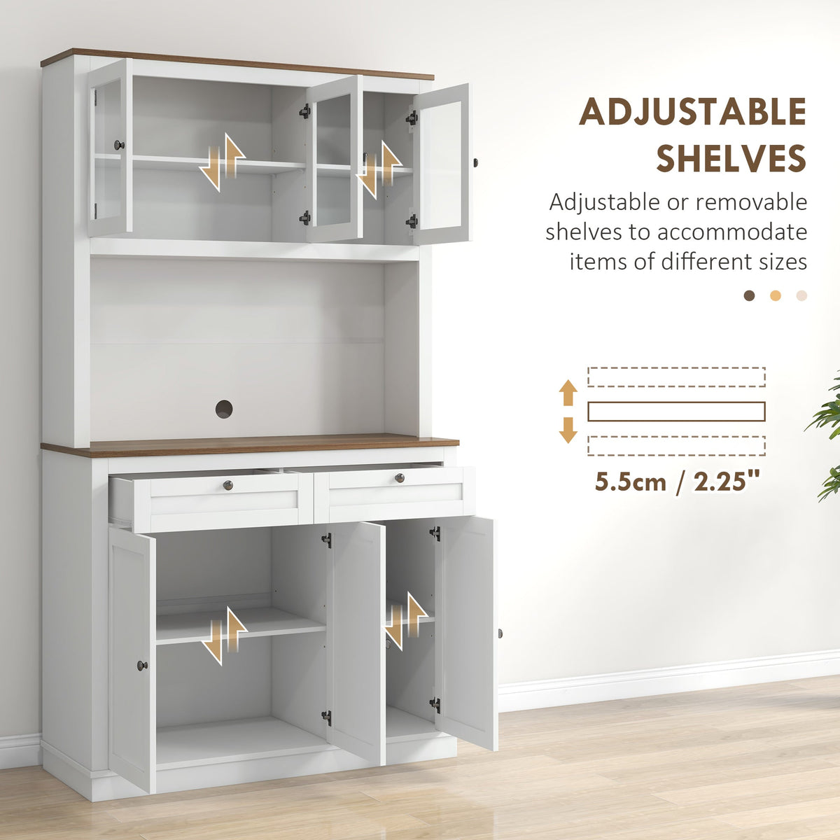 71" Pantry Cabinet with Microwave Space, Buffet with Hutch, 2 Drawers, Adjustable Shelves and Glass Doors, Blue