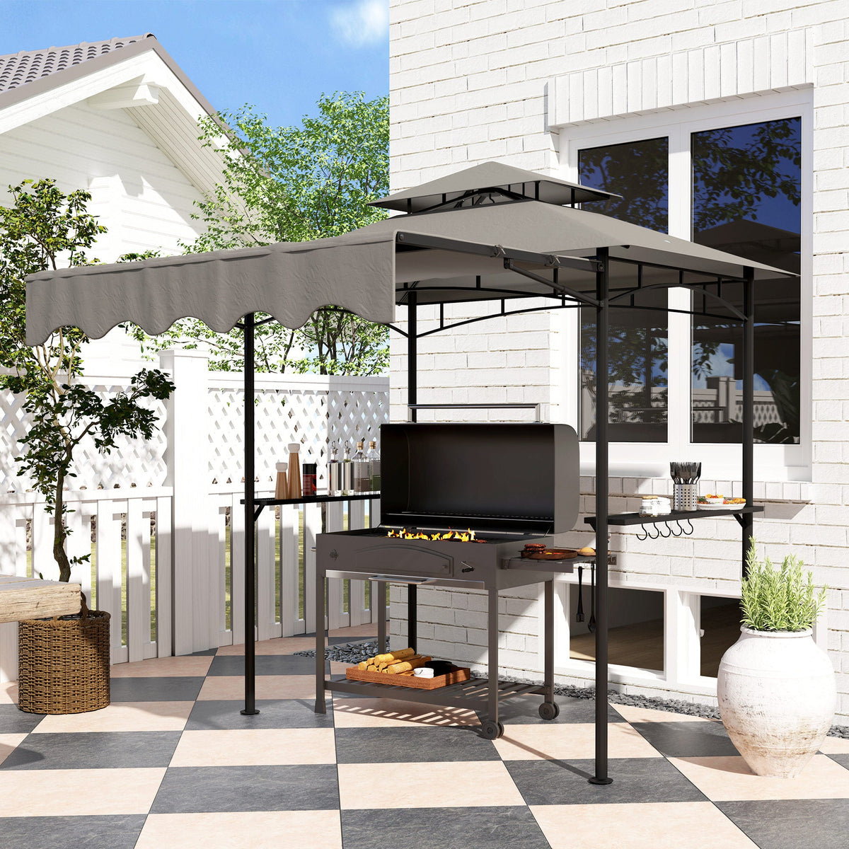 8' x 7.6' Grill Gazebo, Double Tiered Barbecue Grill Gazebo Shelter w/ Side Awning, 2 Side Shelves, 6 Hooks, Beige