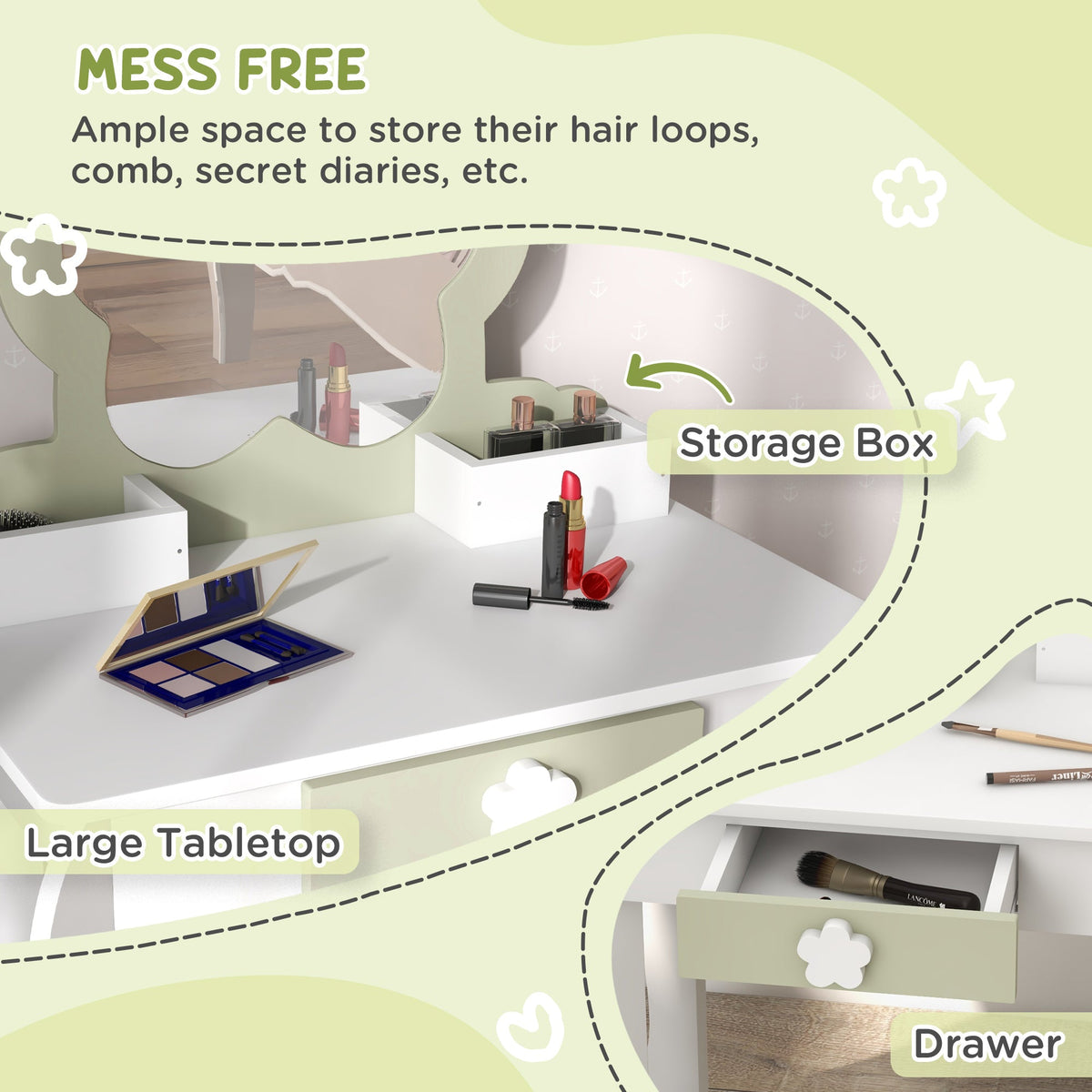 Kids Makeup Vanity Set with Stool, Mirror, Drawer, Storage Boxes, White